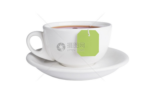 草本植物茶杯加袋白背景孤立的茶袋碗点图片