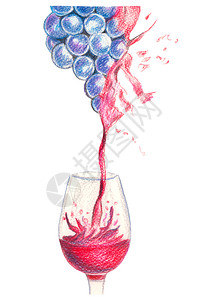 在玻璃和奶酪杯中画葡萄酒作为零食的手水彩色为了红酒杯液体图片
