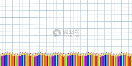 夹子方格的波浪状矢量矩形下线边框由彩色木铅笔制成在图形纸背景画上用彩色木铅笔制成返回学校框架与模板概念横幅相邻的学校框架标语带有图片