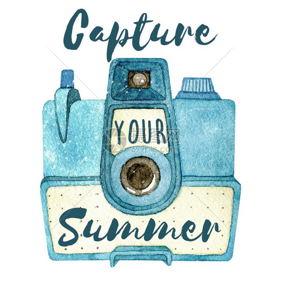 捕捉你的夏季水彩色旧相照机抓取你的暑假摄影机抓取你的暑假照片抓起你的夏日水彩色年照片相机抓起在白底背景上被孤立的引号抓起你暑假您图片