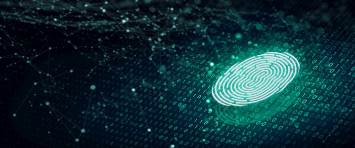 未来安全技术指纹扫描为安全准入提供深蓝色背景的二进制密码指纹安全概念3DReander控制信息保护图片