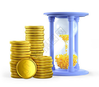 富有的时间是货币概念3D插图说明沙玻璃和一堆金美元硬币孤立在白色背景上期限项目时任务到期日财政投资和节约收入滴漏图片