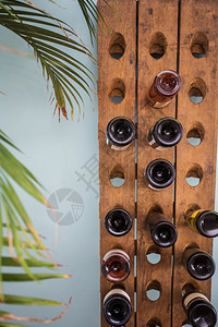 复古木架酒瓶带温室植物和蓝墙现代酒架特写瓶复古木架现代酒葡萄白色的瓶子图片
