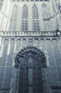 著名的旅行一座大教堂的正面图有塔楼和时钟特写黑白蓝色的图片