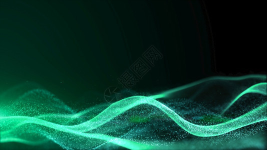 电子的模糊数字网络空间未来绿色粒子波以bokeh和光线点连接抽象背景进行流动信息图片