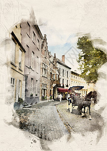 地标艺术画比利时古城布鲁日Bruges的马车横穿比利时布鲁日Bruges图片