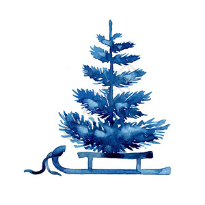 水彩冬季圣诞树隔离在白色背景手绘插图云杉用于打印纹理壁纸或贺卡蓝色美丽的水彩艺术松树手绘插图云杉用于打印壁纸或贺卡蓝色颜美丽的水图片