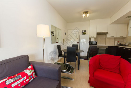屋房间大厦Wenge和红色的现代生活室和厨房包括沙发椅子桌和家用电器图片