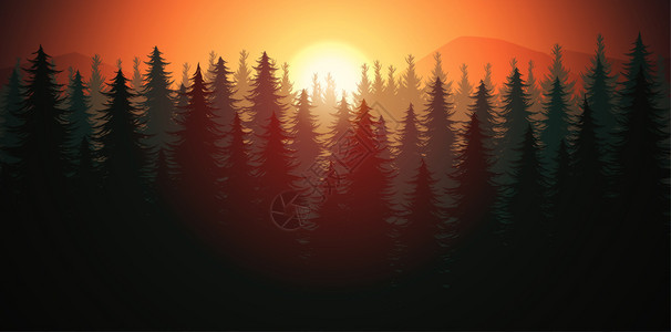 插图自然森林天松树山地平面壁纸湖貌浅棕树红天空日出和落说明矢量风格色彩多的视野背景顶峰公园图片