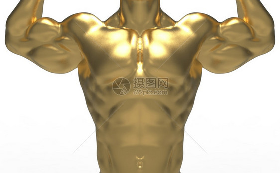 Golden肌肉造型雕塑的前锋视图3D与白色背景隔离的剪切路径金摆姿势正面图片