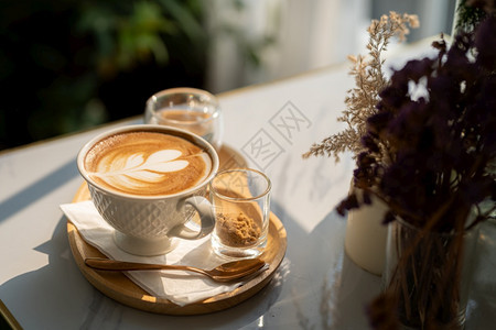 浓咖啡热拿铁和艺术牛奶泡沫杯放在最顶端的木桌前茶杯上在咖啡馆店吃早餐在商业工作构想期间勺子店铺图片