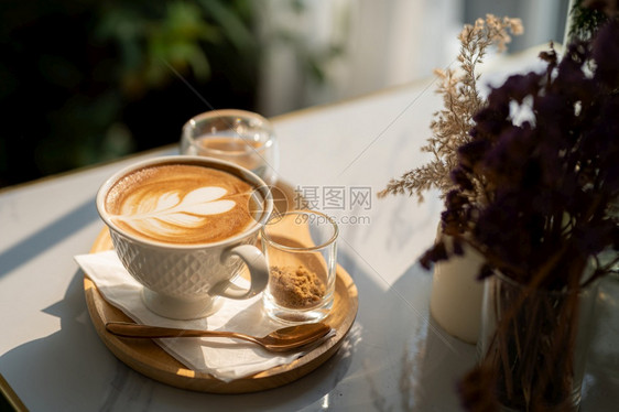 浓咖啡热拿铁和艺术牛奶泡沫杯放在最顶端的木桌前茶杯上在咖啡馆店吃早餐在商业工作构想期间勺子店铺图片