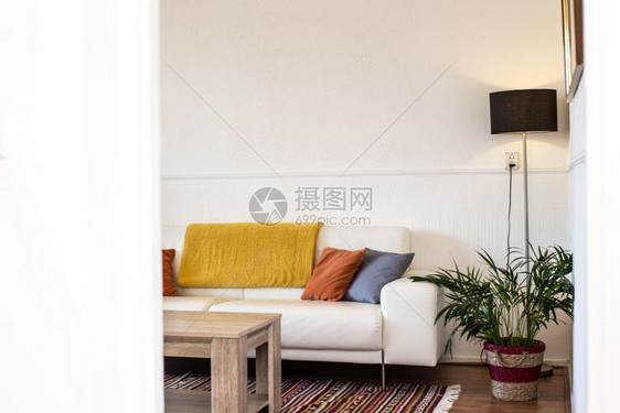 工业的枕头最小客厅简单工业室内设计木桌站在灰色沙发前黄和蓝靠垫绿植物斯堪的纳维亚室内新客厅的简单工业室内设计黄色蓝靠垫和绿植物斯图片