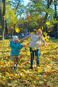 好的年轻漂亮姐妹们在秋天公园里跳黄叶带着秋的孩子天森林里的小女孩秋天心情散步快乐童年好心情轻的姐妹们在秋天公园里跳黄叶快乐的童年图片
