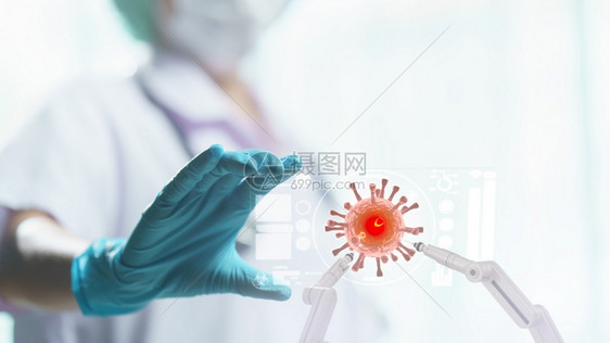 生产杀毒软件药物医生手握透明平板显示带有机器人臂的冠状细胞图片