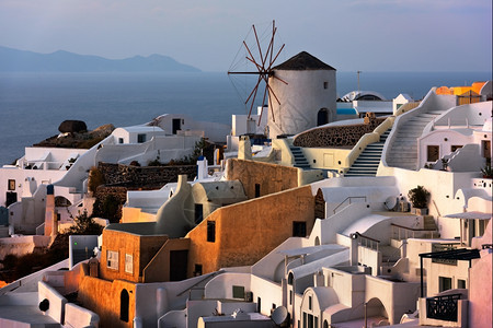 标志浪漫哈拉斯希腊圣托里尼桑塞特SunsetOia村风车背景图片