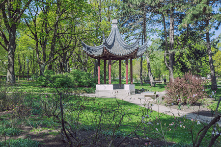 建造韩国人2019年5月7日拉脱维亚里加市公园带有瓷观林树和大自然城市图片