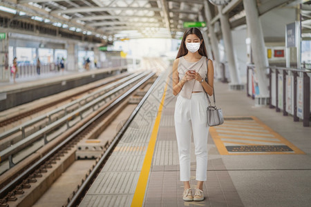 年轻亚洲女乘客在大城市通勤和交中旅行时身戴外科面具通过地铁火车智能手机使用社交网络携带共食19次疫情爆发的概念穿戴外服和利用社交图片