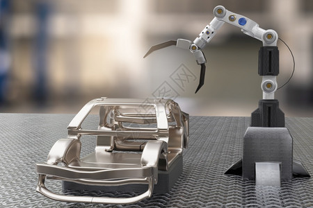 半机械人手臂工业的在厂机械器人高技术AI控制车库经销商汽技术的人工手控机械人造汽车技术并使用手机半械制造3D汽车合成工艺图片