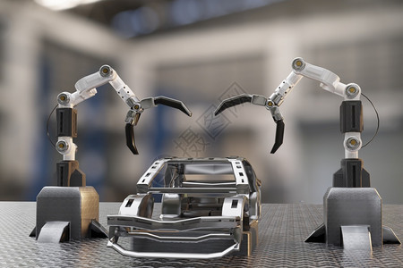 行业金属在工厂机械器人高技术AI控制车库经销商汽技术的人工手控机械人造汽车技术并使用手机半械制造3D汽车合成工艺原型图片