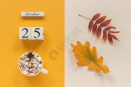 小样秋季作文木历10月25日一杯可配棉花糖和黄色米背景的秋叶平躺样机概念你好九月提醒咖啡图片