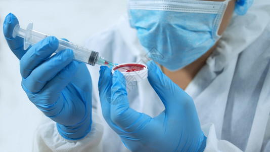 专业知识管子研究员一位戴着口罩和蓝色手套的医生用拿着注射器从白色背景的圆形塑料容器中抽取红色液体样本的特写一位戴着口罩和蓝色手套图片