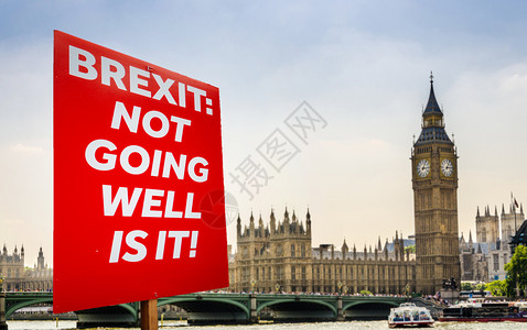 在联合王国伦敦威斯敏特与大本和议会厦在伦敦的BigBen和议会大厦用背景反Brexit标牌复合拼贴在背面的反Brexit标牌上离图片