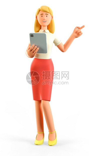 演示商业笔记本3D说明利用社交网络和在办公室申请中工作微笑着有吸引力的女商人卡通持平板牌并用手指向方的漂亮金发美女站立图片