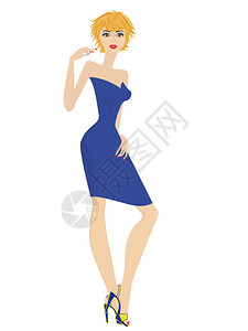 穿着短蓝色裙的时装瘦身妇女孤立在白色背景上手绘图解姿势时髦的白色图片