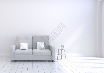 简单的带有灰色沙发白和木制光花地板及照片架白垫子元素的现代室内起居设计里面有灰色沙发上面有白色和木黑的地板相框房间主题图片