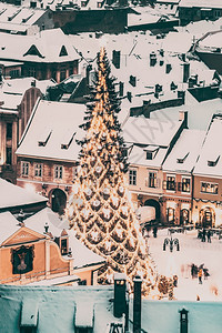 雪城市户外中心圣诞树的顶部视图图片