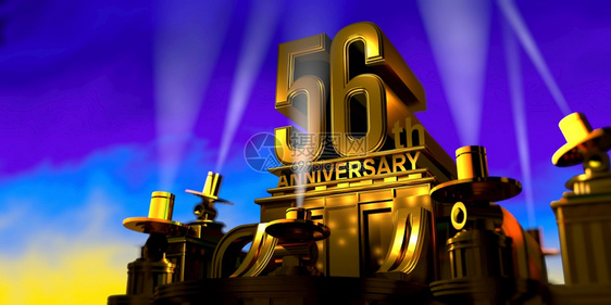地标雕塑丰富多彩的56周年纪念日在一座大型金色仿古风格建筑上由6盏泛光灯照亮在日落时蓝天上发出白光3D插图图片
