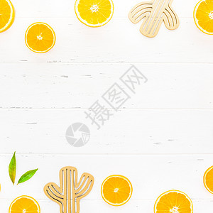 仙人掌创用CCBYNCND2创用意扫描景色平板展示白木桌背景的新鲜橙子水果切片复制空间为博客或食谱书的最小夏季新鲜柑橘风格夏天明图片
