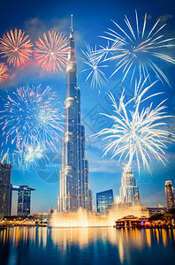 世界地标景观新的旅游BurjKhalifa周围的烟花异国新年目的地迪拜阿联酋背景