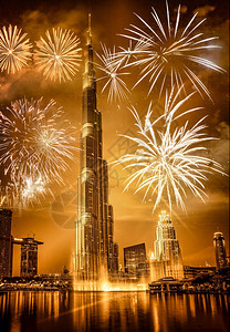 天空BurjKhalifa周围的烟花异国新年目的地迪拜阿联酋庆典安静的图片