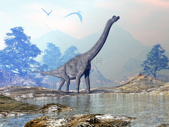 荒野木龙恐在美丽的风景中行走日落前有山和水3D使木龙恐行走3D时代古生物学家图片