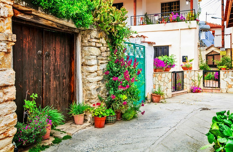 旅游的塞浦路斯奥莫多岛传统村落街道迷人老的典型图片