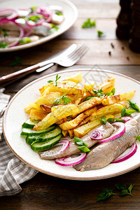 用洋葱和油炸土豆在盘子上提取的火辣片开胃菜可口单图片