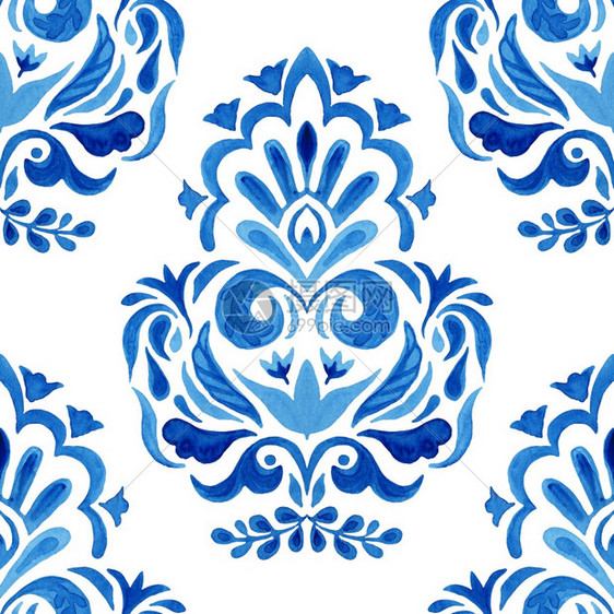 佩斯利墙纸水彩蓝色达马斯克手画花板设计无缝模式平铺装饰品波斯抽象纤维本底的瓦式波斯抽象纤维布料特优美装饰回生痕量设计简洁手工抽水图片