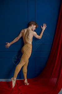训练身体男芭蕾舞者在蹈工作室蓝墙和红布上表演有肌肉身材的背景表演者运动优雅男芭蕾舞者在蹈工作室演出人们图片