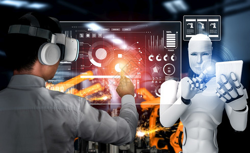 友谊机械化工业器人与类工在未来厂中协同作业革命和自动化制造过程的人工智能概念机械化工业器人和类工在未来厂中协同作电脑智力图片