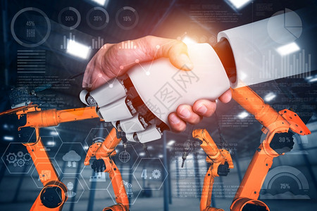 想象未来派机械化工业器人与类工在未来厂中协同作业革命和自动化制造过程的人工智能概念机械化工业器人和类工在未来厂中协同作生长图片