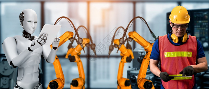 技术机械化工业器人与类工在未来厂中协同作业革命和自动化制造过程的人工智能概念机械化工业器人和类工在未来厂中协同作机器人化智力图片