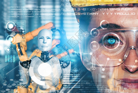 机械化工业器人与类工在未来厂中协同作业革命和自动化制造过程的人工智能概念机械化工业器人和类工在未来厂中协同作实验室手臂帮助图片