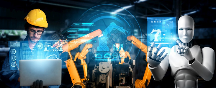 会议统一商业机械化工器人与类工在未来厂中协同作业革命和自动化制造过程的人工智能概念机械化工业器人和类工在未来厂中协同作图片