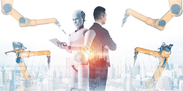 机器人化械工业器人与类工在未来厂中协同作业革命和自动化制造过程的人工智能概念机械化工业器人和类工在未来厂中协同作质量未来派图片