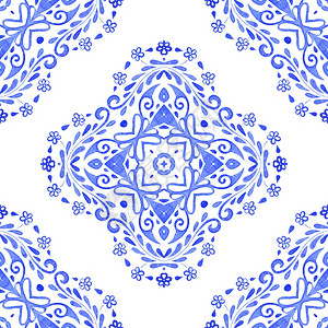 奢华蓝色达马斯克手画花板设计蓝大坝手画花卉设计建筑材料的无缝装饰水彩色油漆形态蓝和白手绘制的瓷砖无缝抽象纹理Damaask装饰水图片