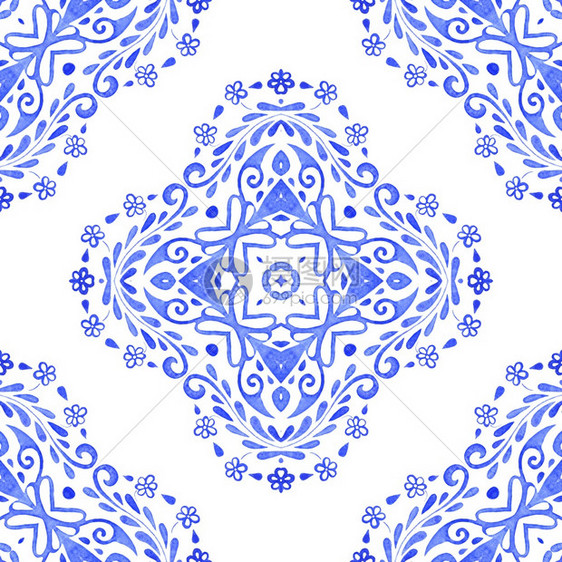 奢华蓝色达马斯克手画花板设计蓝大坝手画花卉设计建筑材料的无缝装饰水彩色油漆形态蓝和白手绘制的瓷砖无缝抽象纹理Damaask装饰水图片