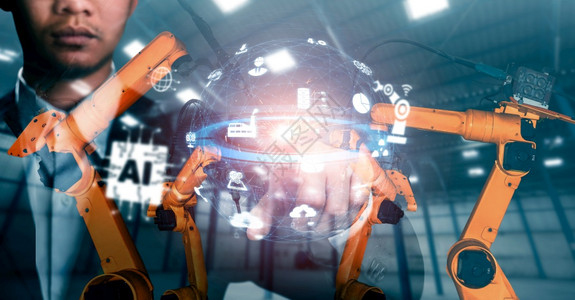 未来派机械化工业器人手臂和工厂双曝光业革命和自动化制造过程的机器人技术概念械化工业器人手臂和工厂双曝光更换器行业图片