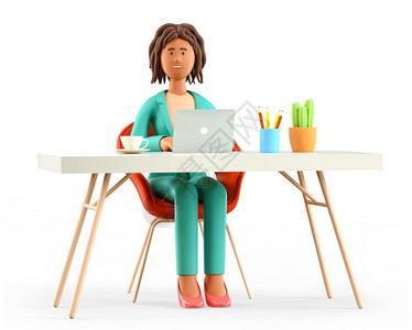 现代的行政人员黑色3D脱落于白色工作场所概念上的在现代办公室桌上工作的美籍快乐微笑女Cartoon高雅女商人或使用笔记本电脑自由图片